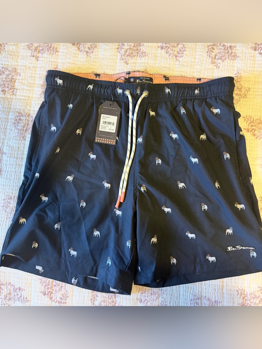 Ben Sherman Navy Bulldog Pattern Swim Trunks with White Drawstring